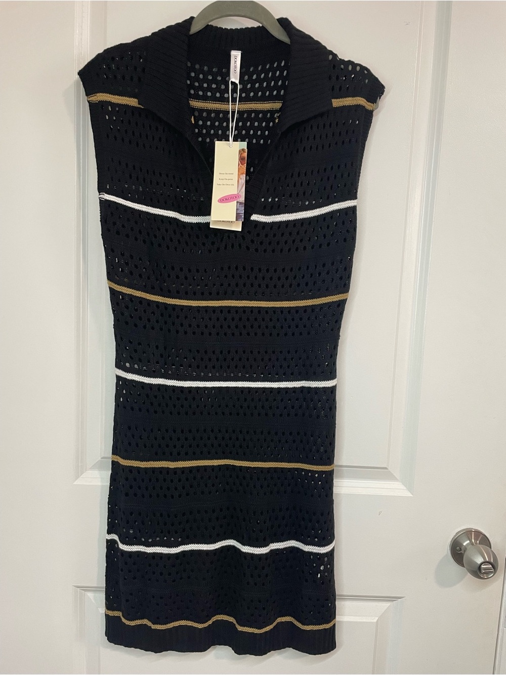NWT Open Knit Collared Sweater Dress Cover-Up Black Stripe Size M